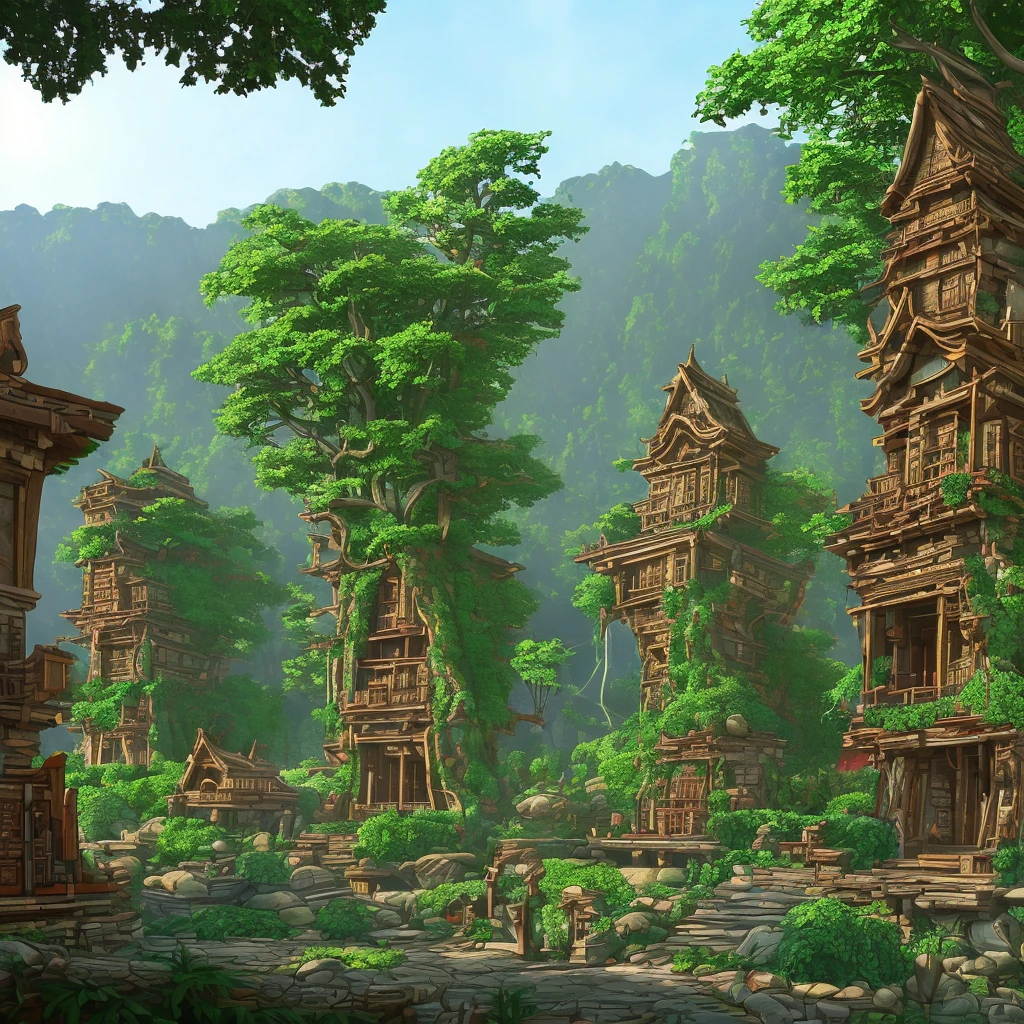 An elven village built in large trees on the side of a sacred mountain, (best quality,4k,8k,highres,masterpiece:1.2), ultra-detailed, realistic:1.37, HDR, UHD, studio lighting, extreme detail description, professional, vivid colors, bokeh, portraits, landscape, (Art style of: Wu Guanzhong), vibrant and dynamic colors, soft lighting.