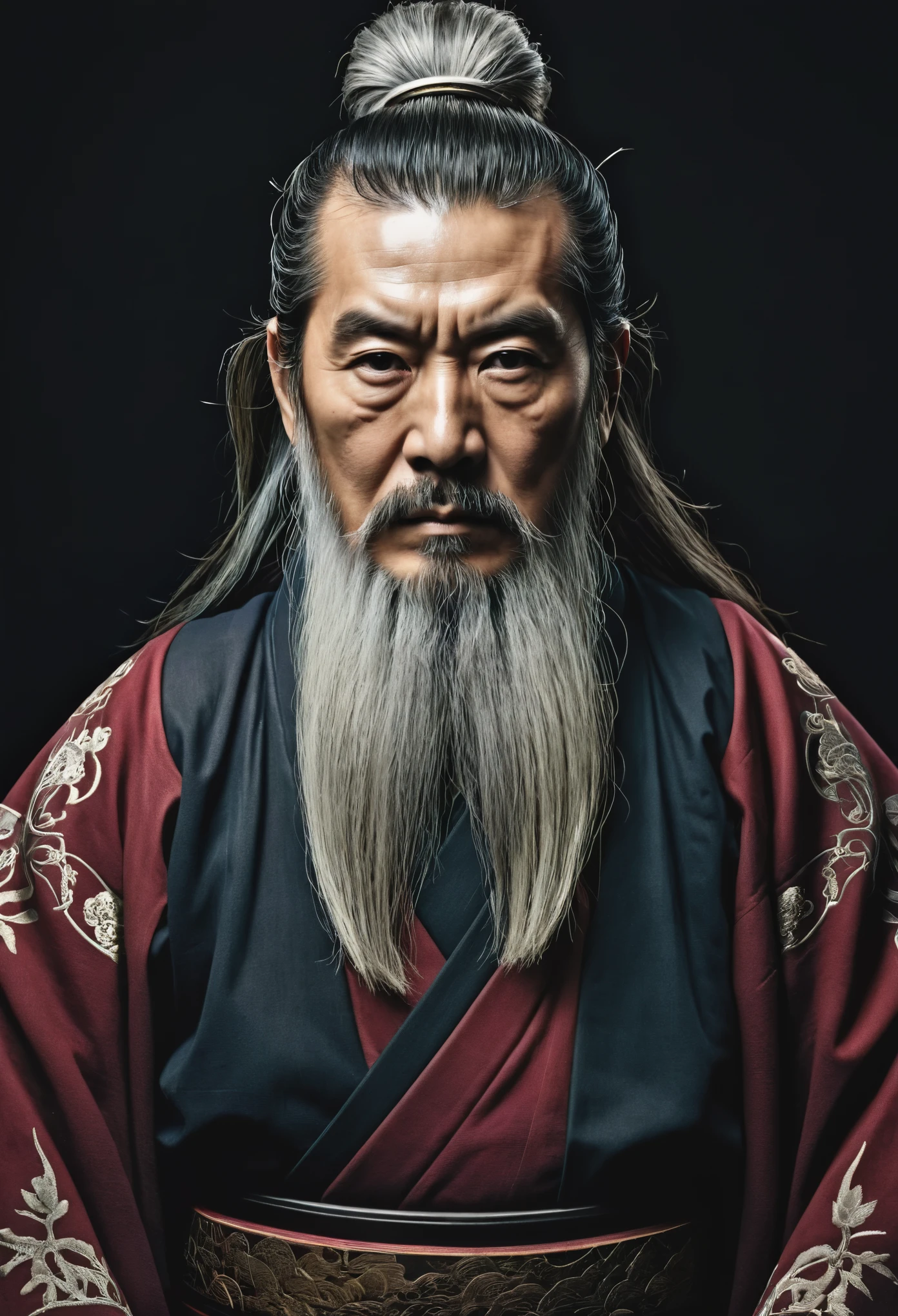 dark moody aesthetic, wise old japanese samurai with a long white beard, intricate, sharp focus, fantasy, surreal 8k photo, centered, symmetry, painted, intricate, volumetric lighting, beautiful, rich deep colors masterpiece, sharp focus, ultra detailed, in the style of dan mumford and marc simonetti, astrophotograph