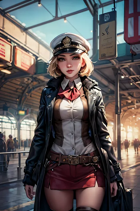 1 girl,  aviator hat ,   solo,   steam punk, train station,  , steam, smoke, masterpiece, highly detailed,hdr,8k resolution, bes...