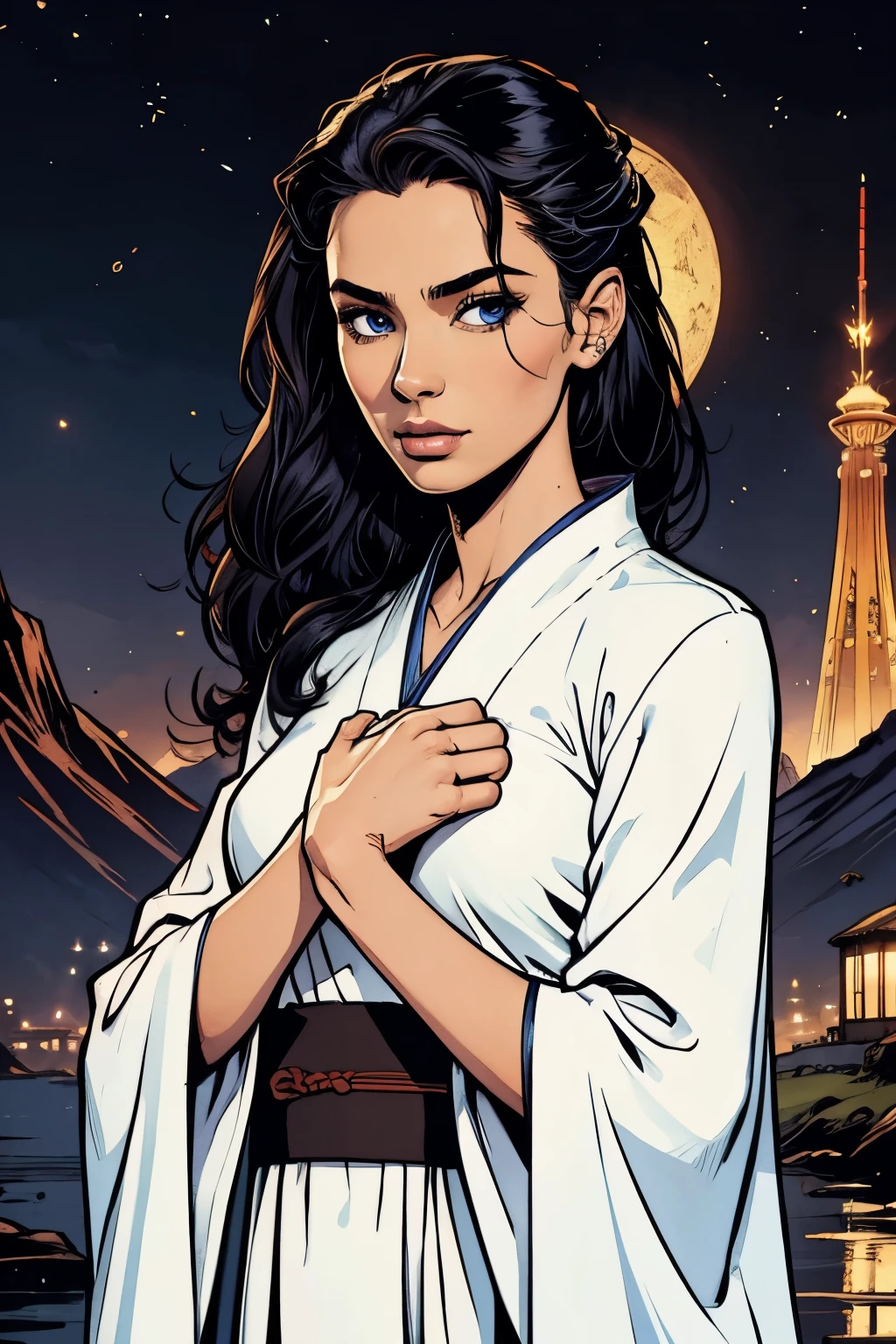 best quality, masterpiece, highres,, 1girl, Detailed face, (Upper body:1.6), Cyber cities, mountains and rivers, night, firefly lights, Realistic, rich in detail, (White hanfu:1.2), (beautiful body:1.4),