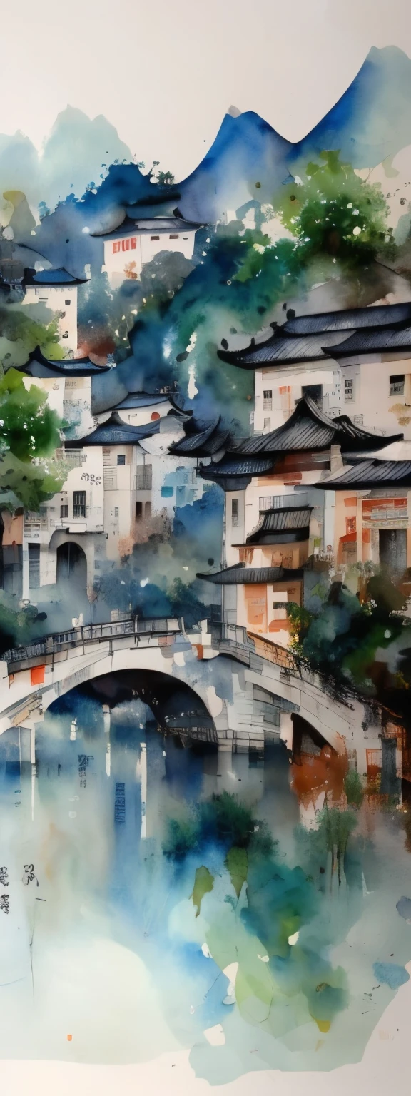 blurred picture style, wet-in-wet, watercolor painting, ink painting, best quality, paintings by Wu Guanzhong, scenery and memories of his hometown where he was born and raised