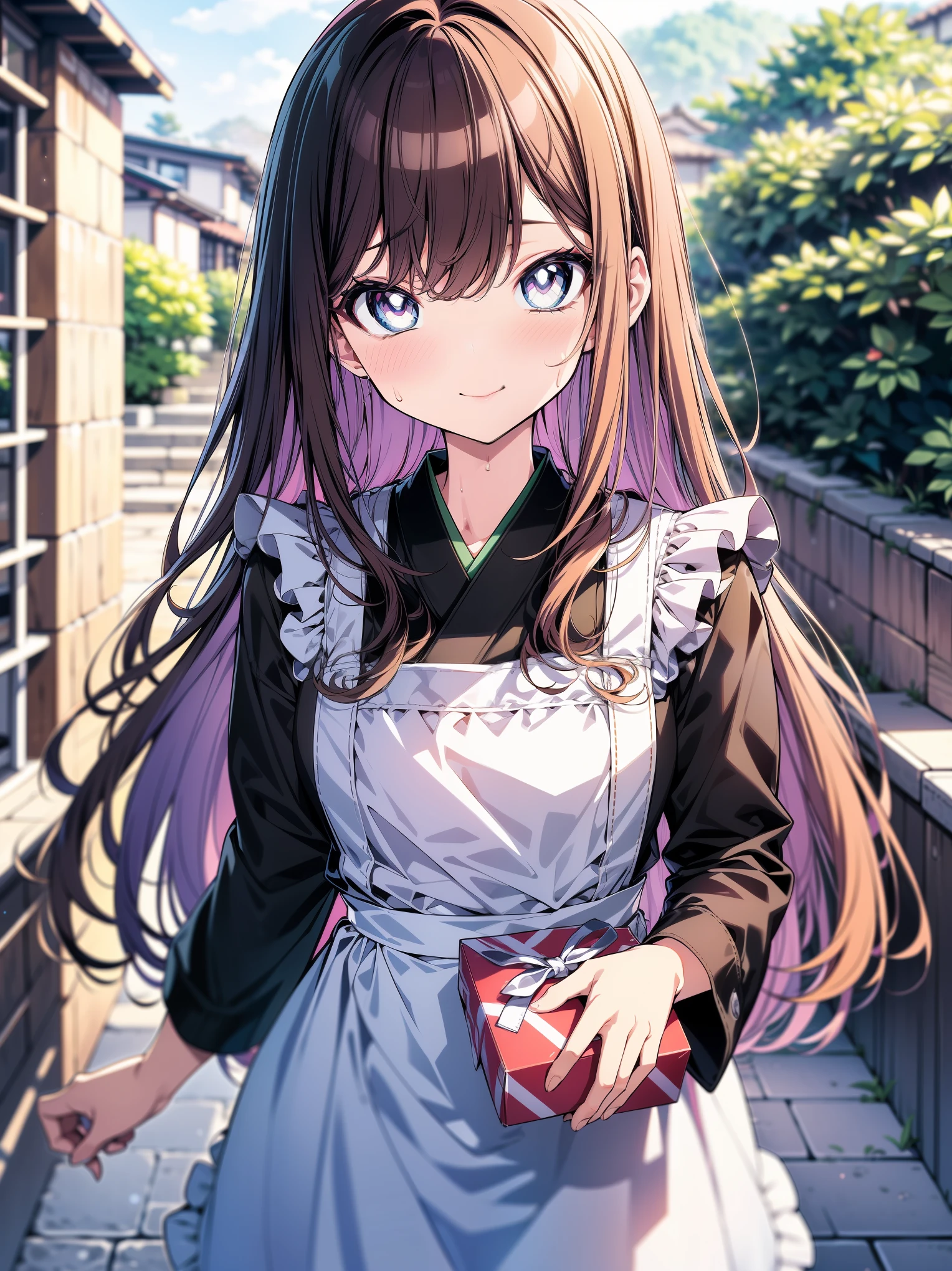 (masterpiece), (cowboy shot), (best quality, ultra-high resolution, depth of field:1.2), loose shirt, (wearing casual modern clothes), frills, brunette, long hair, (lavender eyes), bright eyes, (apron), japanese district scenery, gentle smile, carrying a box, sweating