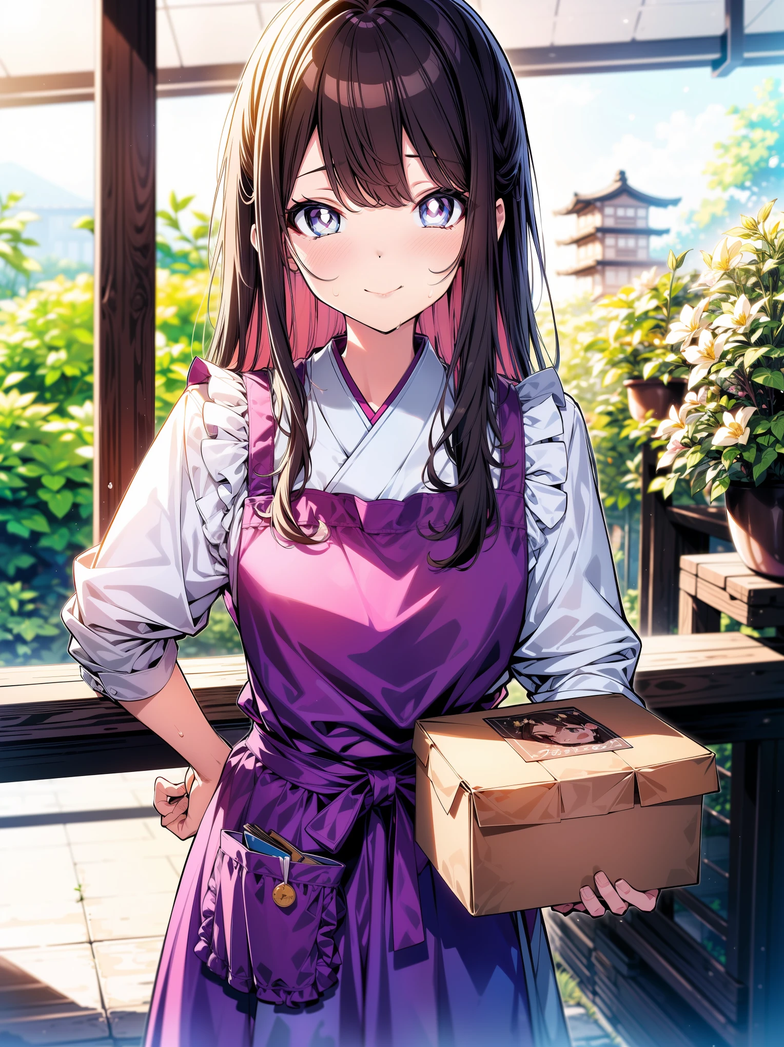 (masterpiece), (cowboy shot), (best quality, ultra-high resolution, depth of field:1.2), loose shirt, (wearing casual modern clothes), frills, brunette, long hair, (lavender eyes), bright eyes, (apron), japanese district scenery, gentle smile, carrying a box, sweating