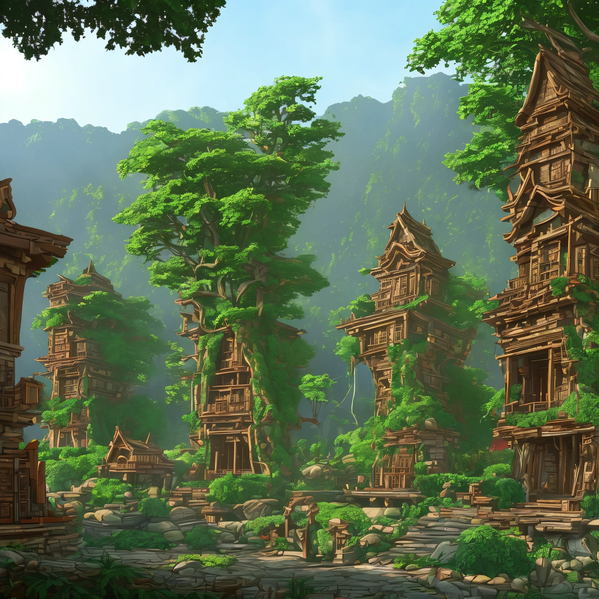 An elven village built in large trees on the side of a sacred mountain, (best quality,4k,8k,highres,masterpiece:1.2), ultra-detailed, realistic:1.37, HDR, UHD, studio lighting, extreme detail description, professional, vivid colors, bokeh, portraits, landscape, (Art style of: Wu Guanzhong), vibrant and dynamic colors, soft lighting.