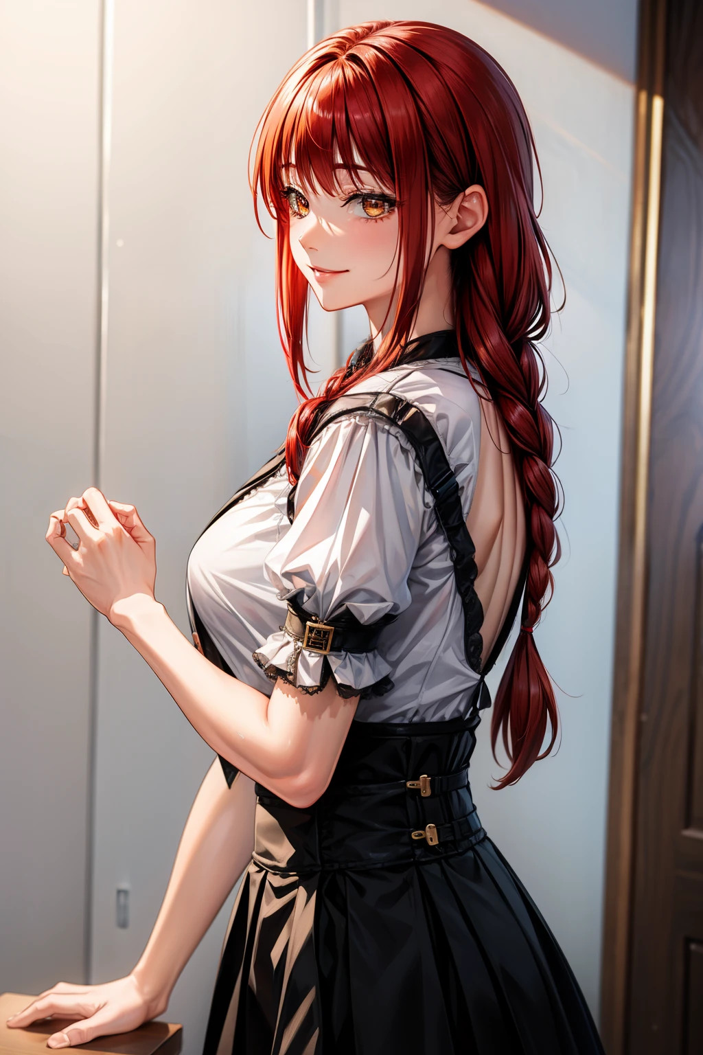 (masterpiece, highest quality:1.2), hand, Side view, super detailed, 1 girl, alone, Are standing, redhead, long braided hair, golden eyes, bangs, medium breasts, stare, smile, (evil:1.2), looking at the viewer, (interview:1.3), jiraikei fashion,red hair