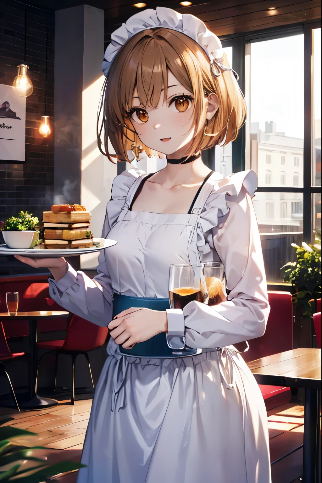 a sun ayuuki, a sun a yuuki, long hair, brown hair, (brown eyes:1.8), (medium chest:1.2),headdress, dress, apron, looking at the viewer, short hair, clavicle, cute, smile, open your mouth, alone, long sleeve, indoor, Cafe, remainder, food, drink, table and chairs, cleaning, tray, tray in one hand

break outdoors, coffee shop　open terrace,
break looking at viewer, (cowboy shot:1.5),
break (masterpiece:1.2), highest quality, High resolution, unity 8k wallpaper, (figure:0.8), (detailed and beautiful eyes:1.6), highly detailed face, perfect lighting, Very detailed CG, (perfect hands, perfect anatomy),