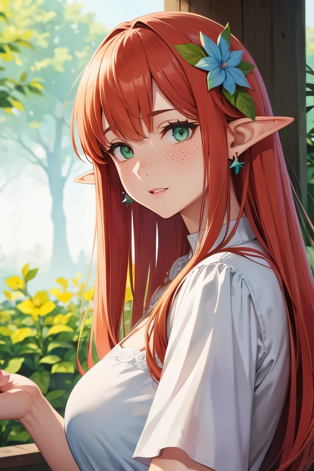 (watercolor: 1.2), elf princess, flower, freckles, bangs, redhead, long hair, green eyes, hair between eyes, flower earrings, blurred background, high resolution  