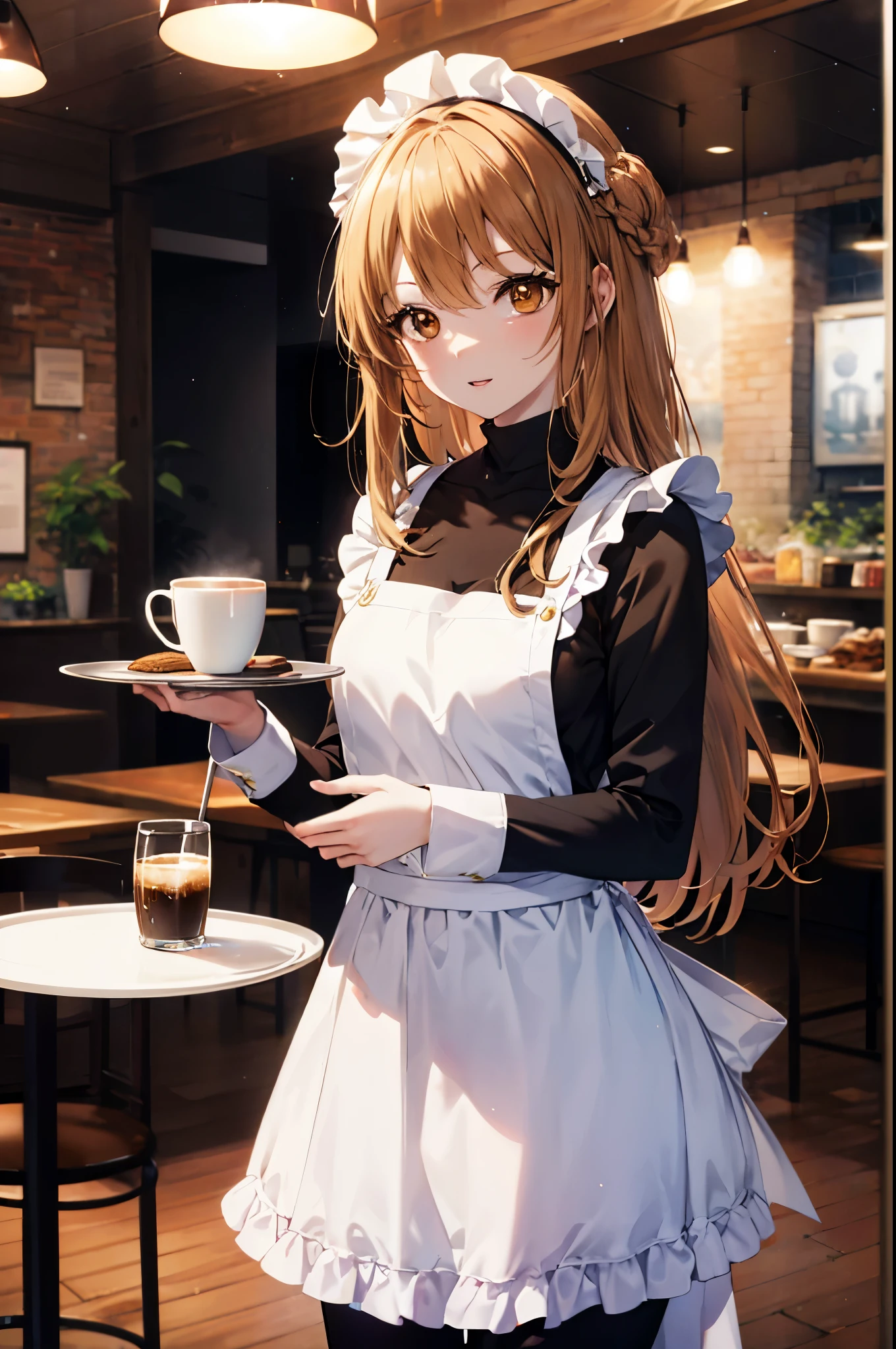 a sun ayuuki, a sun a yuuki, long hair, brown hair, (brown eyes:1.8), (medium chest:1.2),headdress, dress, apron, looking at the viewer, , clavicle, cute, smile, open your mouth, alone, long sleeve, indoor, Cafe, remainder, food, drink, table and chairs, cleaning, tray, tray in one hanh
break outdoors, coffee shop　open terrace,
break looking at viewer, (cowboy shot:1.5),
break (masterpiece:1.2), highest quality, High resolution, unity 8k wallpaper, (figure:0.8), (detailed and beautiful eyes:1.6), highly detailed face, perfect lighting, Very detailed CG, (perfect hands, perfect anatomy),