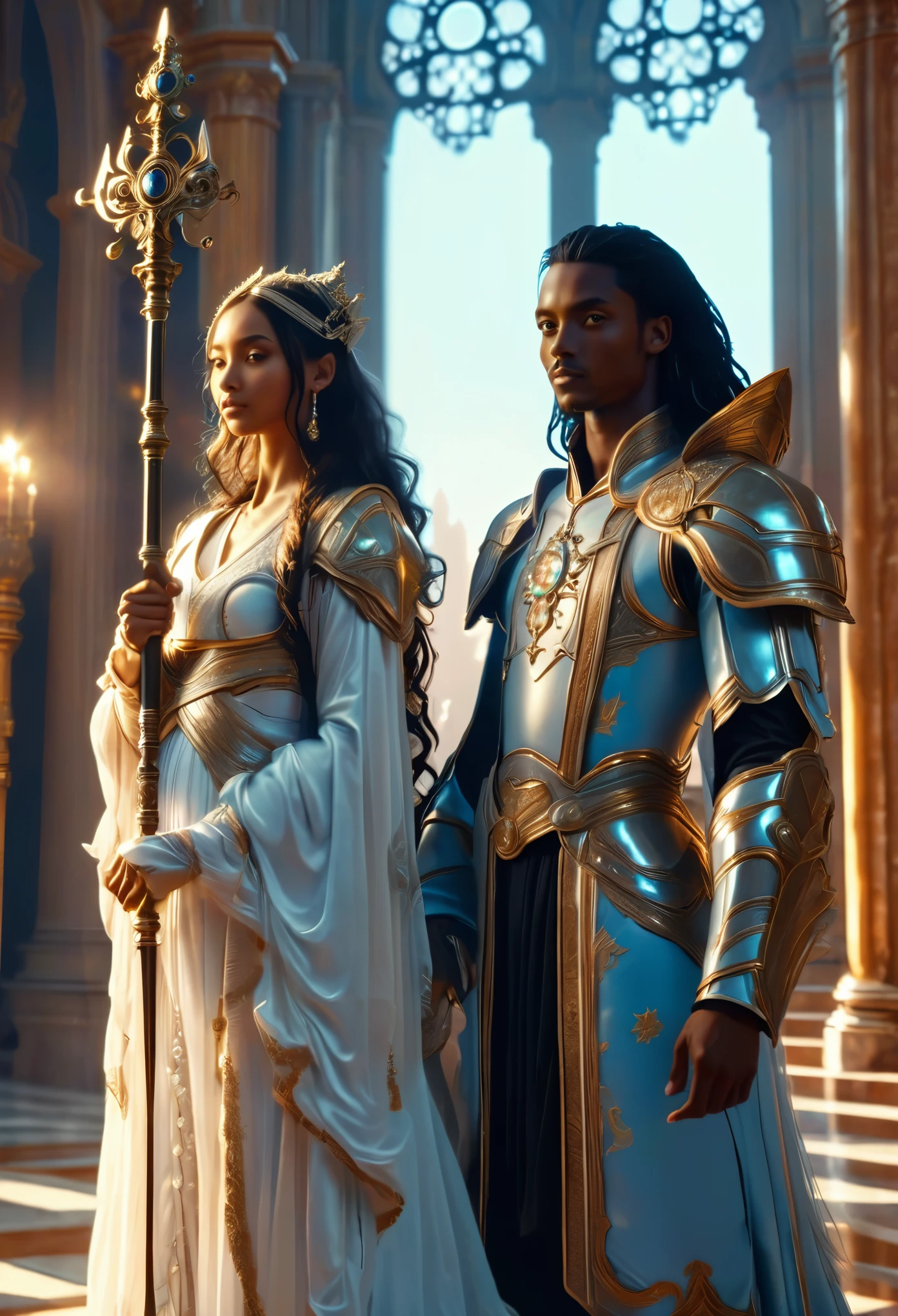 A couple in celestial palace, two young ((black-skinned)) imperial judges in a celestial court, a beautiful young man with long hair and a beautiful pregnant woman with long hair, holding scepter and lance,realistic, insanely realistic, livre de couverture, 8K, realistic.HD, 4K, HD, De vrais visages, cinematography; image doit avoir un rapport hauteur/largeur de 1:1.6, et mesurez au moins 2,500 pixels on the longest side. Very detailed, comme la photographie