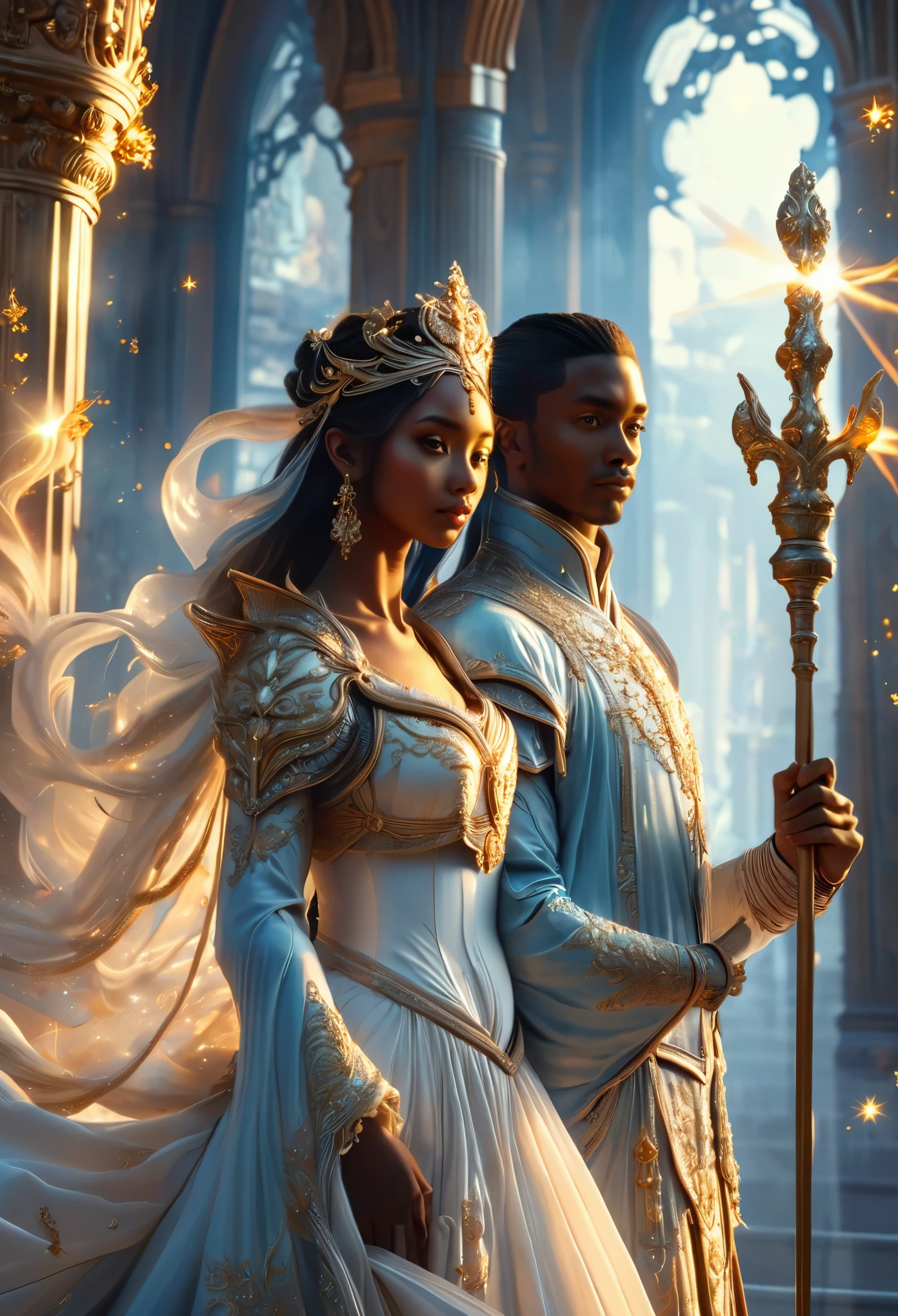 Um casal no palácio celestial, Dois jovens ((de pele negra)) nobre imperial em uma corte celestial, um lindo jovem duque com cabelos longos e uma linda mulher grávida com cabelos longos, segurando cetro e lança,realista, insanely realista, livre de couverture, 8K, realista.alta definição, 4K, alta definição, rostos reais, cinematografia, a imagem deve ter uma proporção/largura de 1:1.6, e meça pelo menos 2,500 pixels no lado mais longo. Muito detalhado, como fotografia