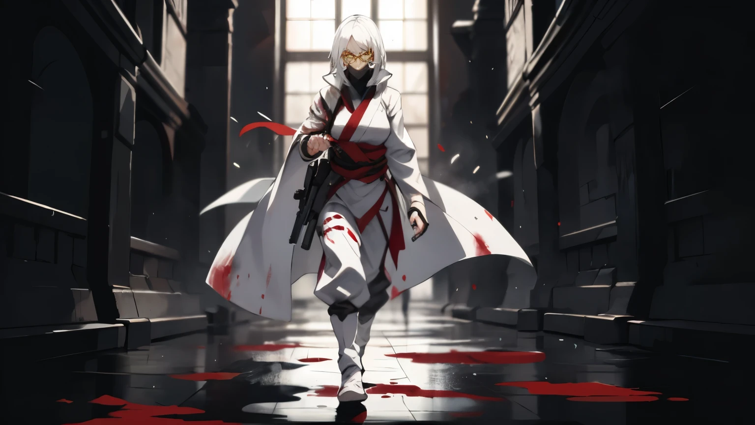 A woman with white hair and a serious face stood holding a gun. There were dead people all over the floor. She was wearing a white ninja outfit with blood stains on it and had round glasses with yellow lenses holding a gun.
