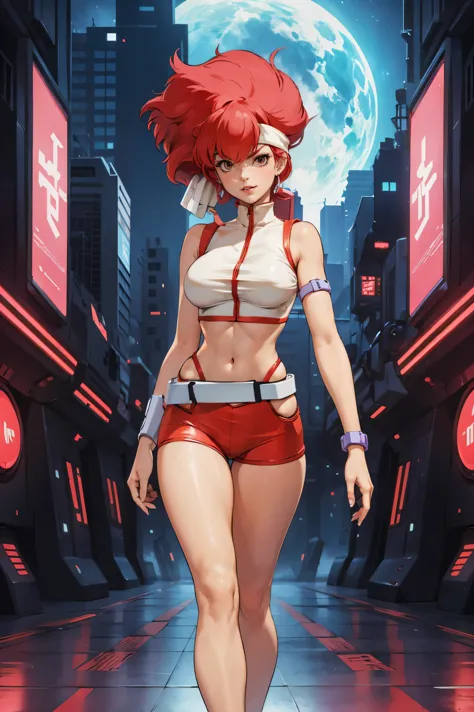 Kei from The Dirty Pair, , wearing a tight outfit, frame, legs, medium breast, red hair beauty, cyberpunk city background, holdi...