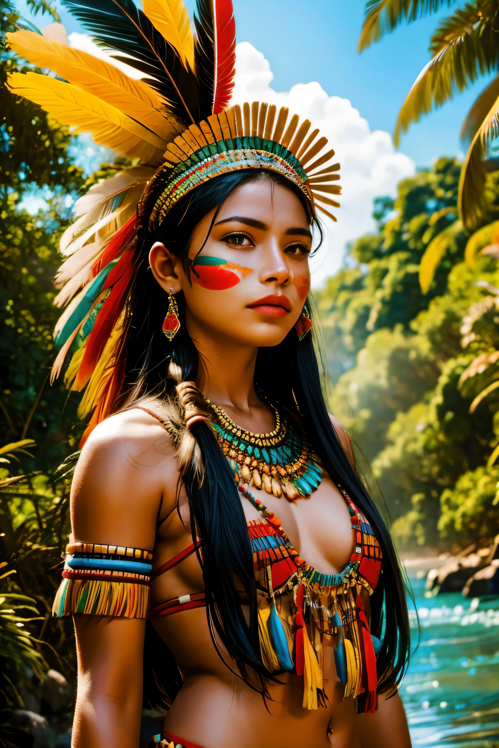 A woman in native american costume standing in the jungle - SeaArt AI