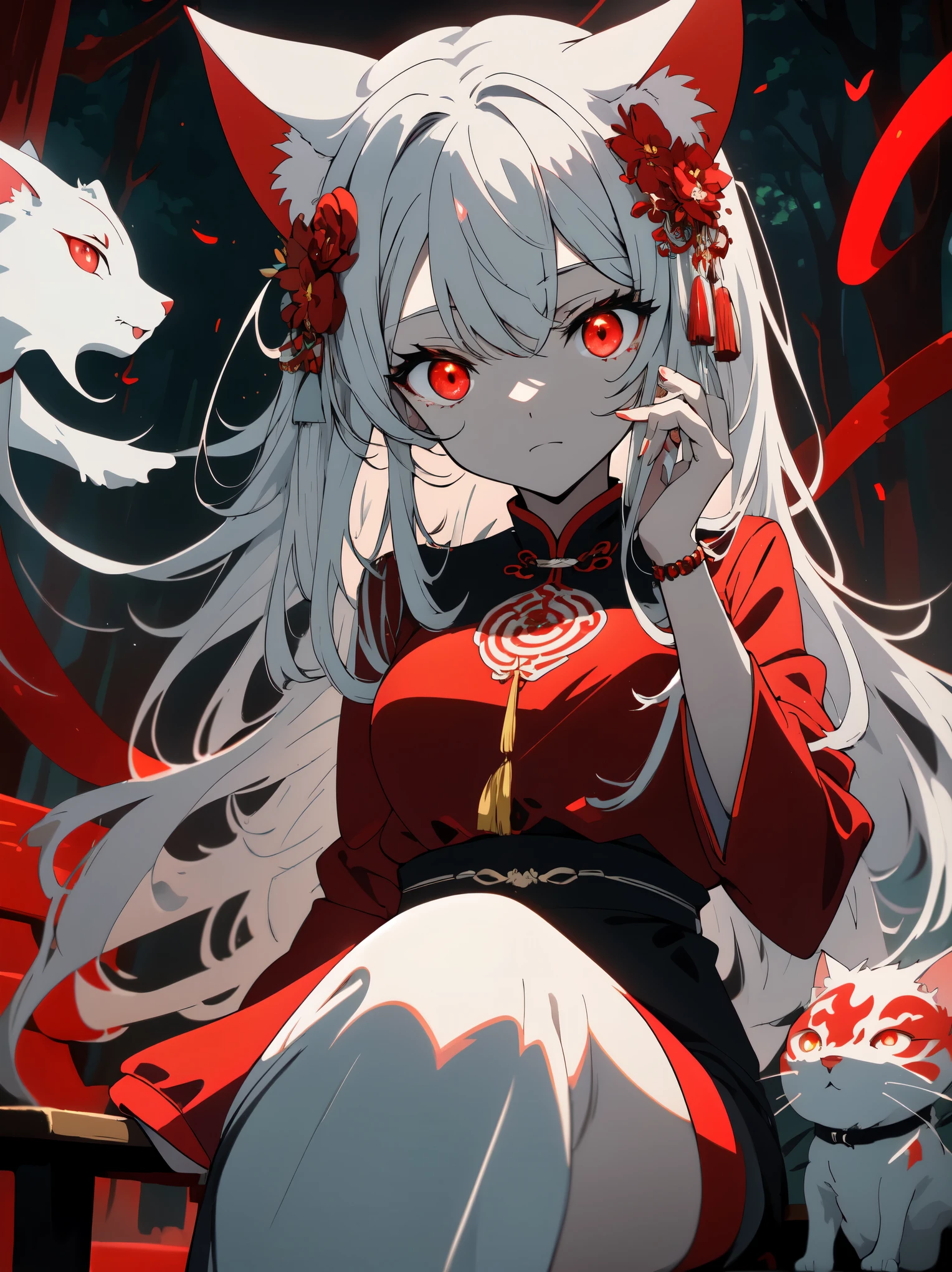 ((highest quality、masterpiece、glowing red eyes、be familiar with))、beautiful face、white cat ears、long gray hair、red cheongsam、Doze while sitting in anime style  、noon、in the forest、beautiful anime、nature background