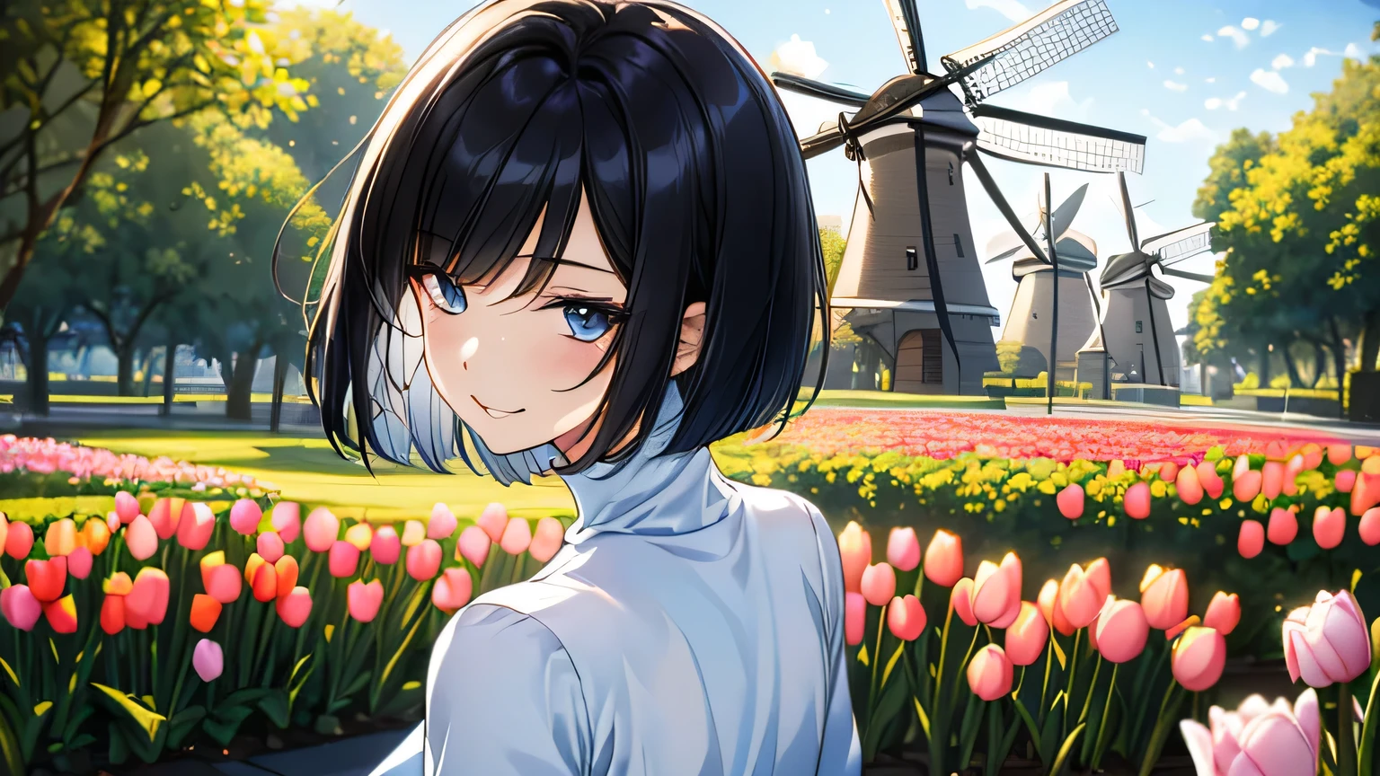 1 female、28 years old、美New髪, black hair、shortcut、bob cut、Rin々New、slanted eyes、eyeliner is clear、long face、big smile、small bust、Street in a park with windmills and tulips in the Netherlands、1 femaleで歩いている、The screen shows her from the chest up..、Slim and slender body shape、Rear view、light blue long sleeve turtleneck、the viewer sees her from behind、She stares at the viewer、