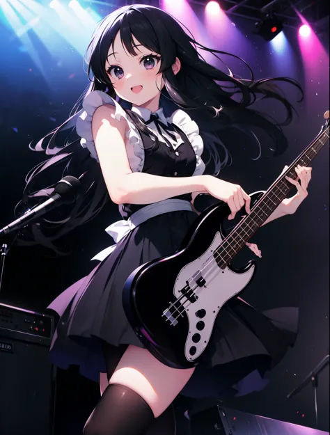 mount mimyeon, mio akiyama, (black ruby eye:1.5), black hair, long hair, maid，long skirt，black tights,short boots，left handed ba...