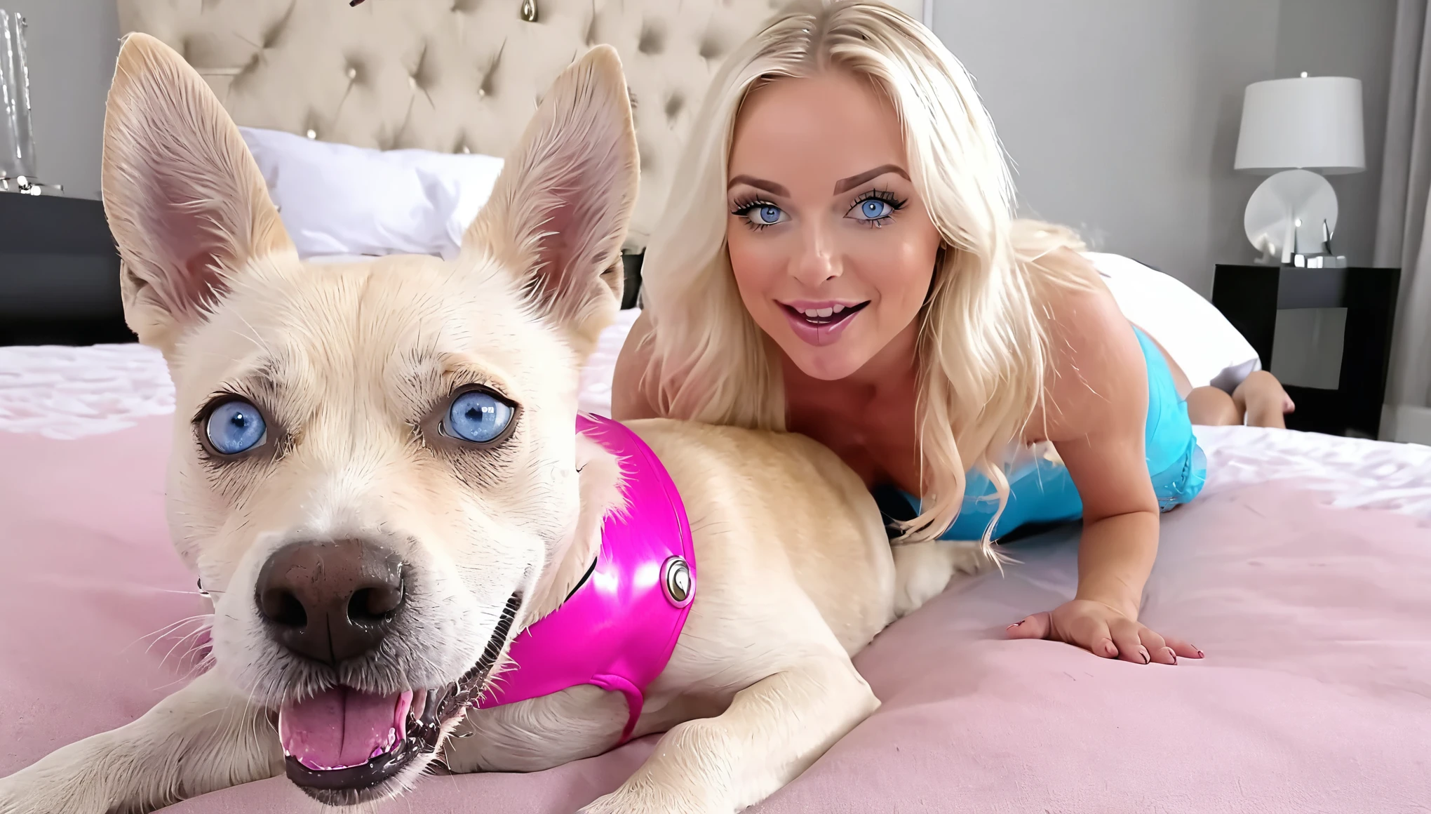 Blond woman laying on bed with dog wearing pink harness - SeaArt AI