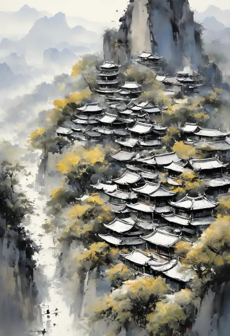 black、white、gray block為主調 blackwhite毛筆画 有很多房子和很多樹的村莊的圖畫, Inspired by Wu Guanzhong 吳冠中 筆下風景 呉冠中以其獨特的筆觸和風格，Bring natural scenery t...