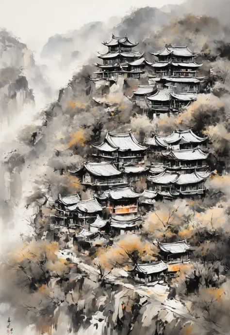 black、white、gray block為主調 blackwhite毛筆画 有很多房子和很多樹的村莊的圖畫, Inspired by Wu Guanzhong 吳冠中 筆下風景 呉冠中以其獨特的筆觸和風格，Bring natural scenery t...