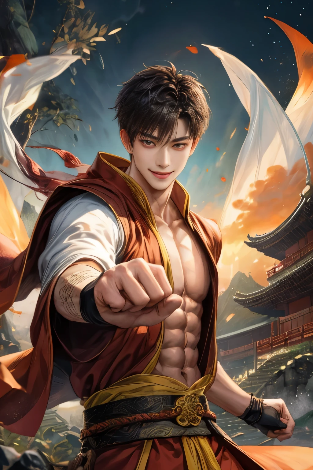 (absurd, intricate details, masterpiece, best quality, high resolution, 8k), 1 person, Pretty boy, Asian, Korean male model, Thin muscular man,6 pack abs dark brown eyes, delicate eyes, and detailed face,Smile， looking at the audience, only, (Style Swirl Magic:0.7), (whole body:0.6), (Chinese fantasy theme:1.1), hair blowing in the wind, martial artist, dynamic poses, Combat stance, clenched fist, fingerless gloves, wristband, Dragon themed clothing, monk&#39;s robe, Bamboo forest in the background, rotating floating particles, dynamic composition, Mysterious oriental medieval atmosphere, depth of field, Visual effects.