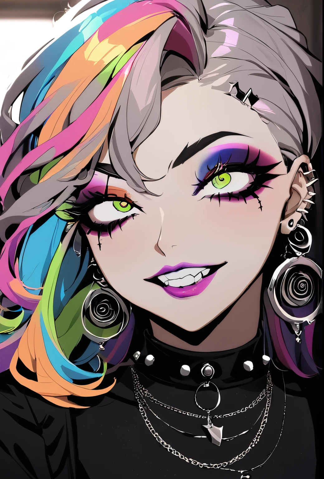 1girl, Holo-Punk Style, rainbow hair, earrings, eyelashes, grin, indoors, jewelry, lips, makeup, necklace, goth, ahg, rolling eyes