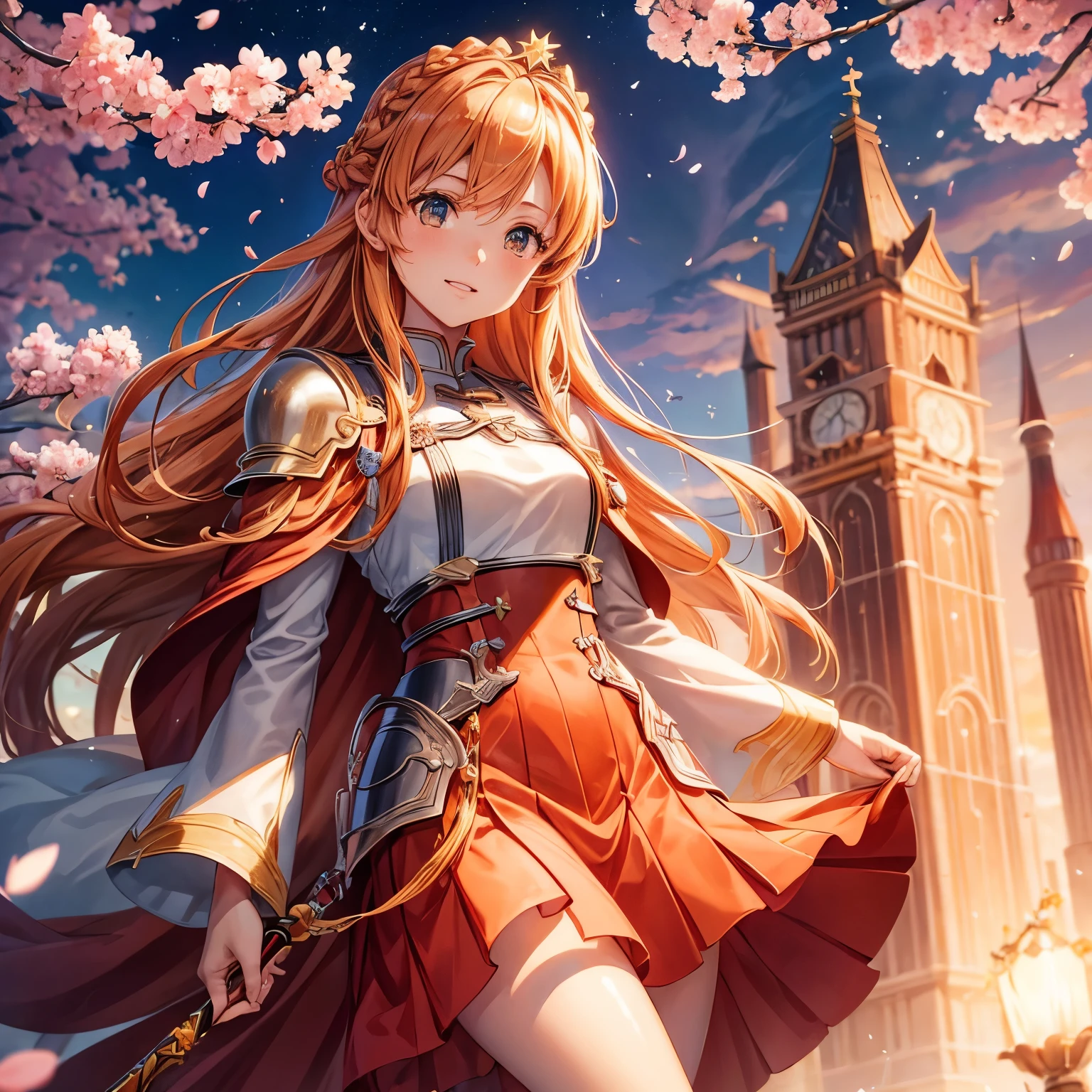 Asuna, ((masterpiece)), high resolution, Asuna (Star), crown braid, light orange hair, armor, Cherry blossoms, Dutch Cape