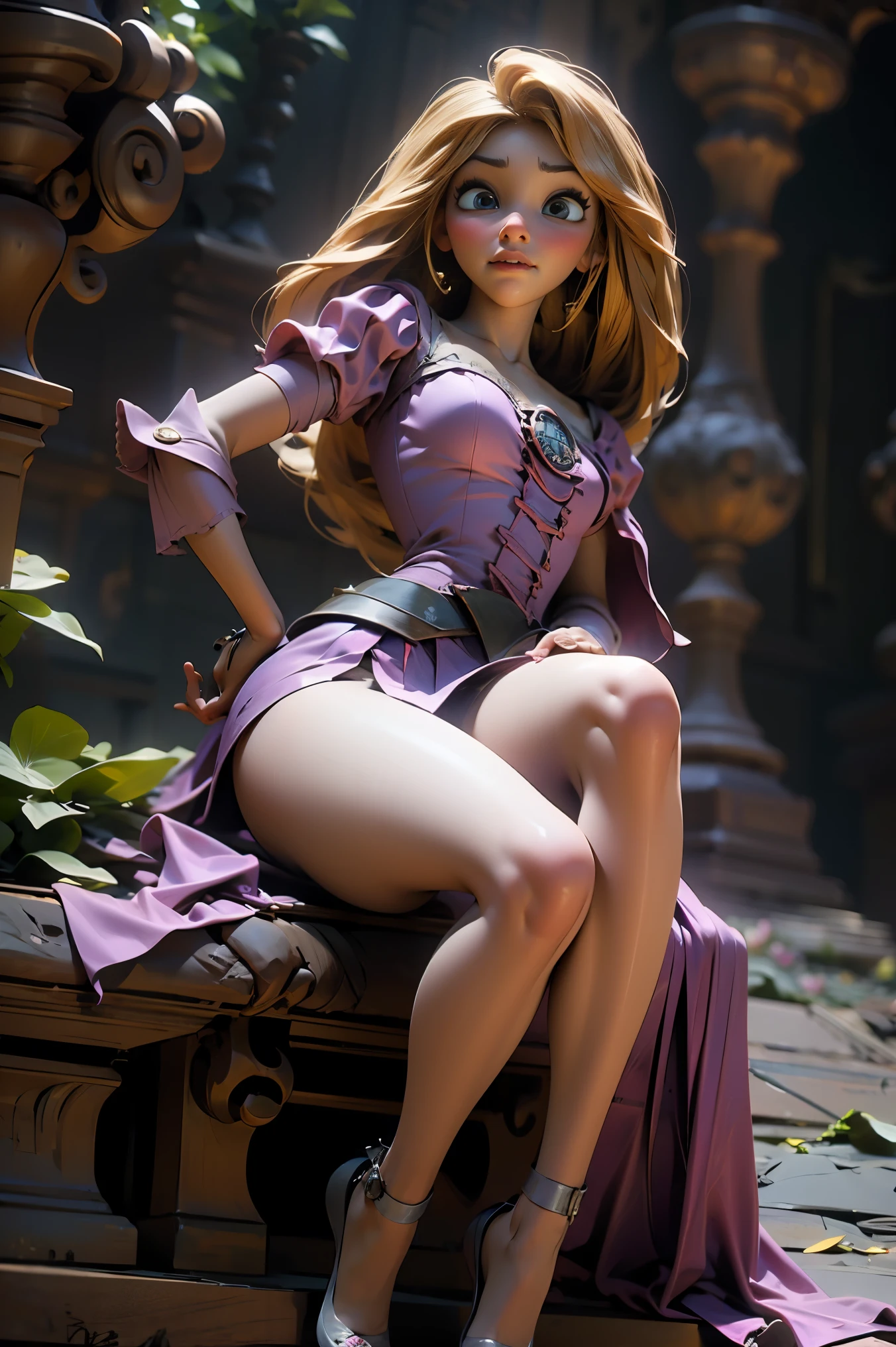 Dark Magician Gils as Rapunzel. Long hair To the feet. Extra long blonde hair. blue eyes. Red lips. Sensual and sexy and innocent pose. tower background 