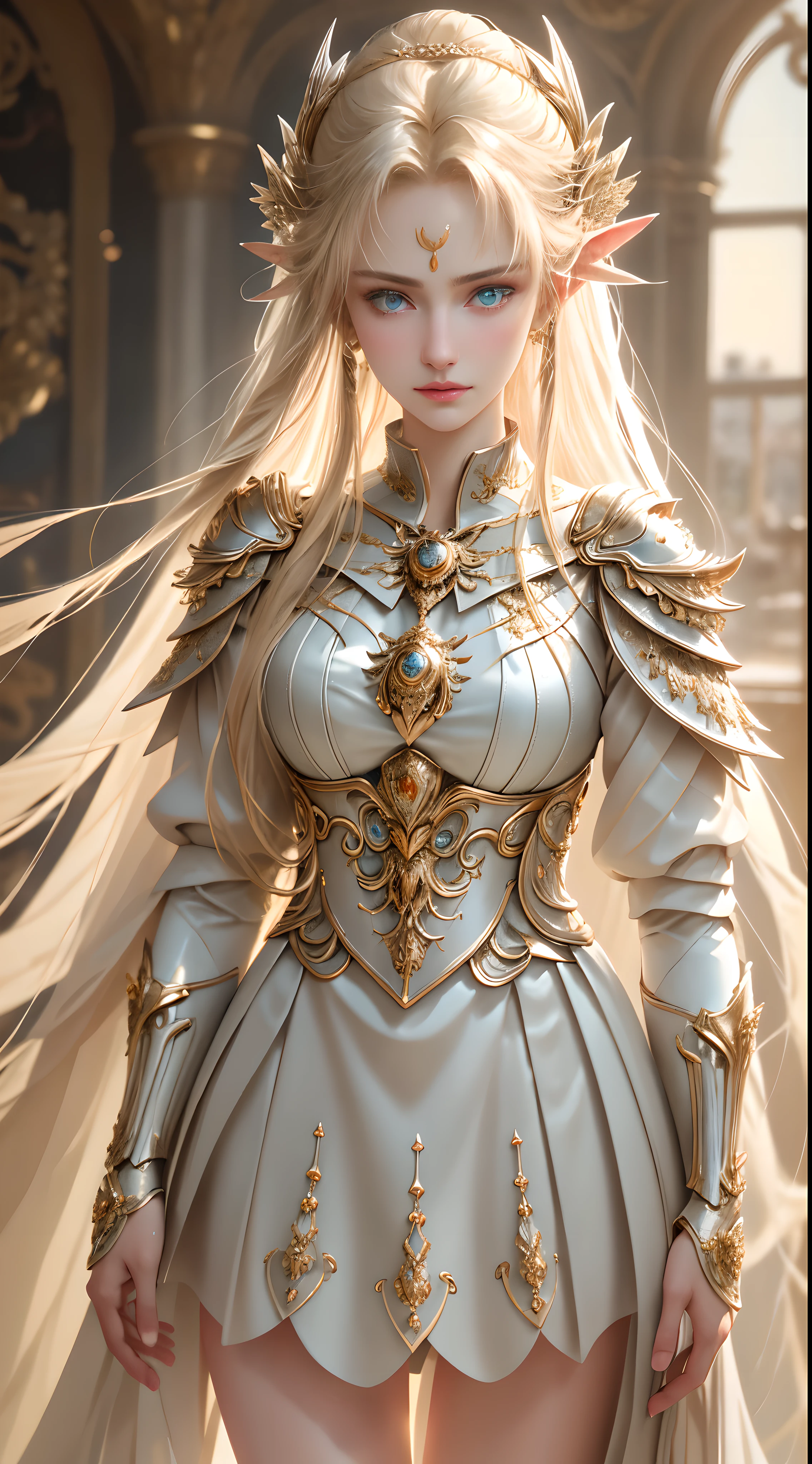 8K Ultra HD，original photo，Elf girl in silver armor，skirt armor，beautiful girl，long white hair，Blonde hair, blue eyes，The face is very delicate，delicate skin，plump breasts，crystal clear lips，Slender legs，(real human:1.3)，(high resolution:1.4)，(detailed:1.5)，(lifelike:1.7)，original photo，portrait photos，real human，original photo，超high resolution，photorealism，best quality，(High detail skin，Skin details)，Visible pores，skin shiny，masterpiece，，fine details，Coloring，extremely delicate and beautiful，Extremely detailed 8k wallpaper，8K high quality，digital monocular，girl with beautiful details，(looking at the audience)，Professional photography lighting，Vision，Full body image，panoramic