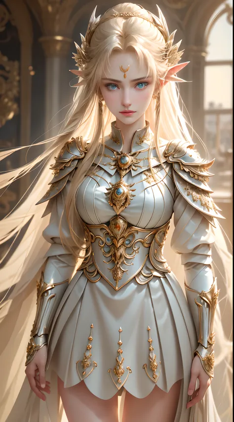 8K Ultra HD，original photo，Elf girl in silver armor，skirt armor，beautiful girl，long white hair，Blonde hair, blue eyes，The face i...