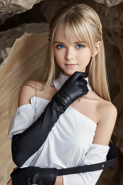 1 girl, Bethel, black eye, bare shoulders, chest, medium chest, blonde long hair, hair above one eye, bangs, gloves, sleeveless,...