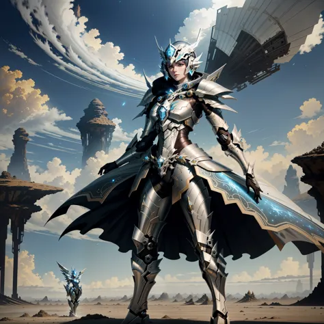 mulher vestindo magia-fantasia-mecha armadura fluindo capa, standing on a barren planet, planet in the sky, fcRetrato 