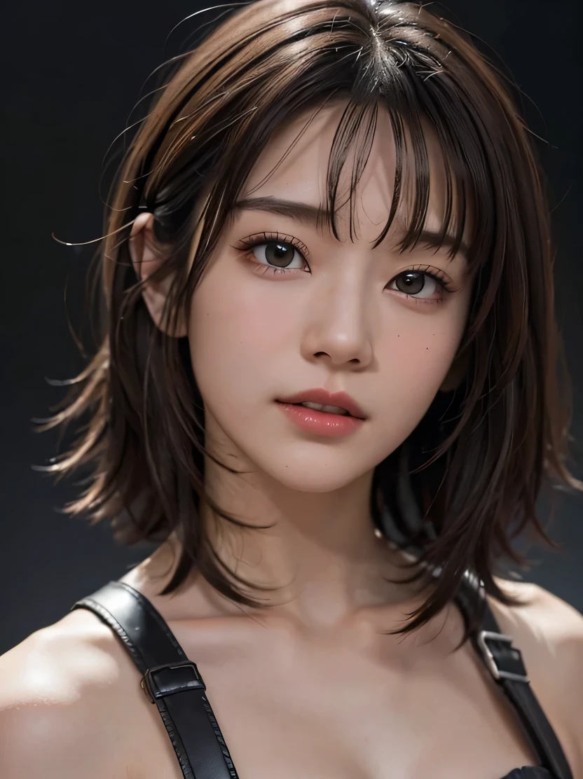 ((masterpiece、highest quality、super detailed、High resolution、sharp focus、cinematic lighting))、(One female、bust shot、face light))、30 years old、small face、no makeup、(fine eyes)、detailed beautiful eyes、bangs、dark brown hair、short cut hair、(realistic skin)、beautiful skin、(Detailed garment features)、open white shirt、middle breast、cool beauty、gray background、tifa_lockhart