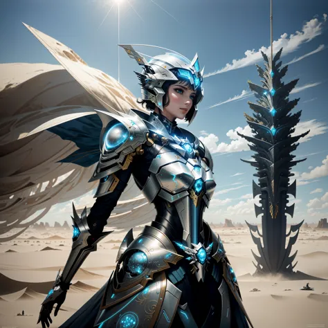 mulher vestindo magia-fantasia-mecha armadura fluindo capa, standing on a barren planet, planet in the sky, fcRetrato 