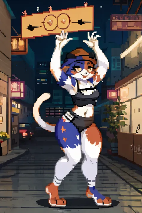 Meowskulls, solo, 1female, 1girl, dancing, music box, wide hips, street background, tail