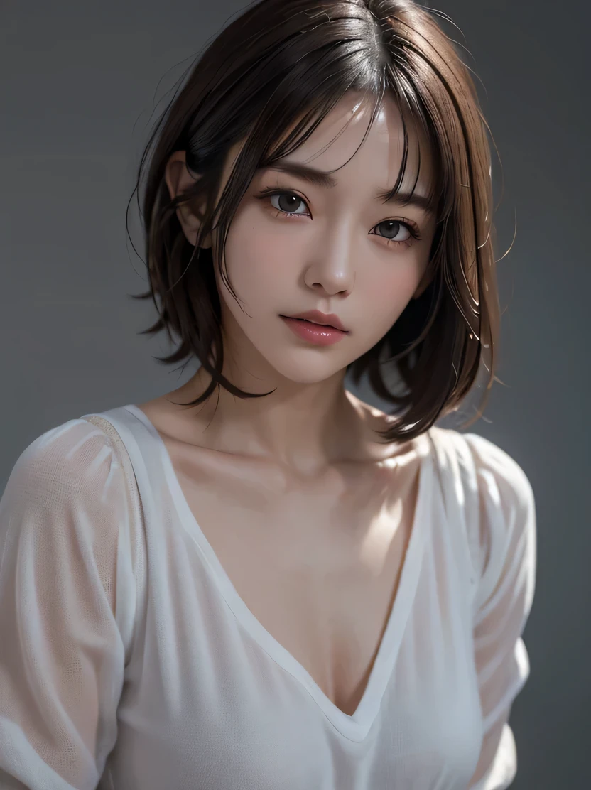 ((masterpiece、highest quality、super detailed、High resolution、sharp focus、cinematic lighting))、(One female、middle shot、face light))、30 years old、small face、no makeup、(fine eyes)、detailed beautiful eyes、bangs、dark brown hair、Boyish short-cut hair、(realistic skin)、beautiful skin、(Detailed garment features)、easy costume、open white shirt、middle breast、cool beauty、gray background、tifa_lockhart