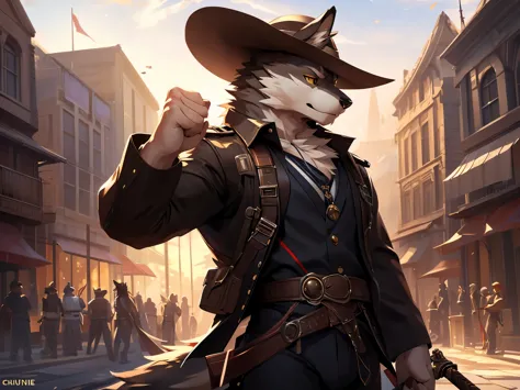 posted on e621, (by Chunie), male, Wolf anthro, solo, Yellow eyes, (Realistic eye details 1.2), a man in a suit and hat with a s...