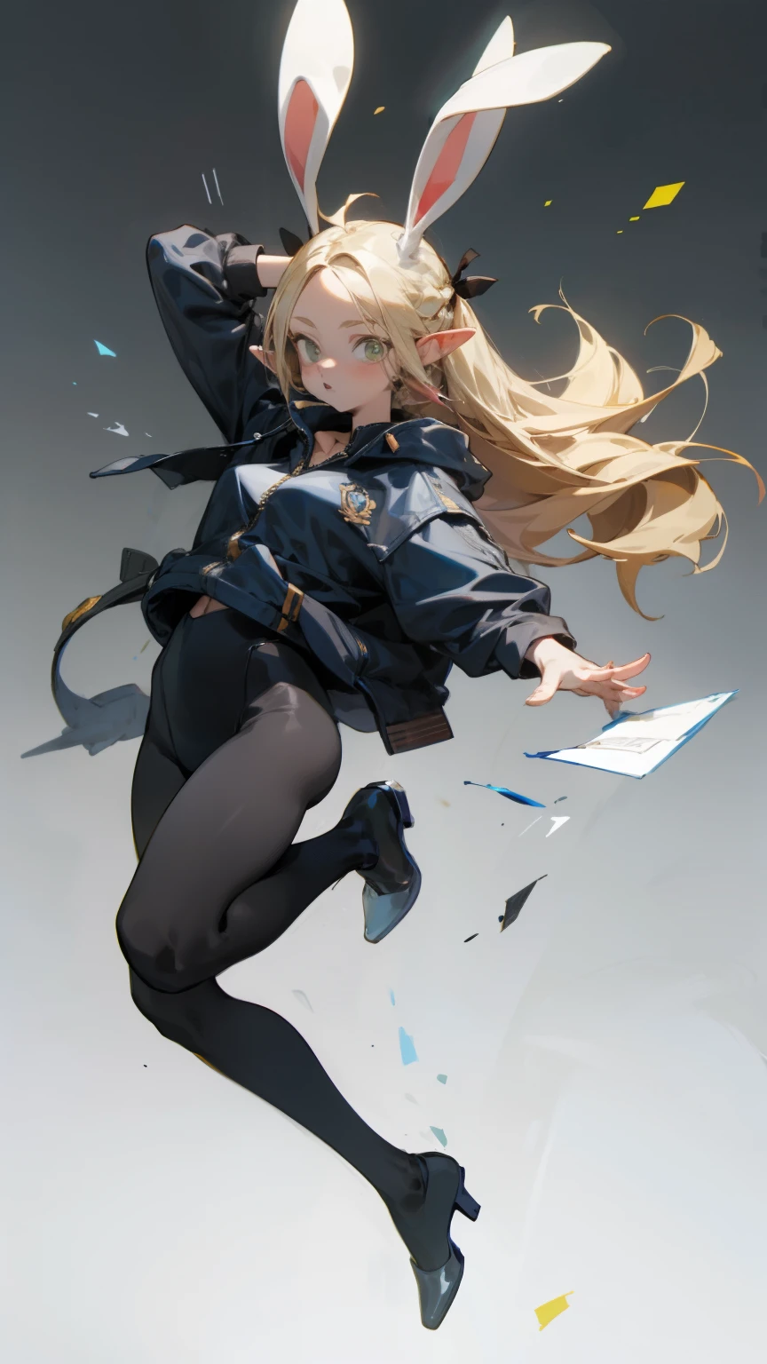 (masterpiece, best quality) detailed, 1character , blue archive art style , Wearing black tights, silver accessories , zip up , blonde ,elegant, pointed ears ,bunny girl costume