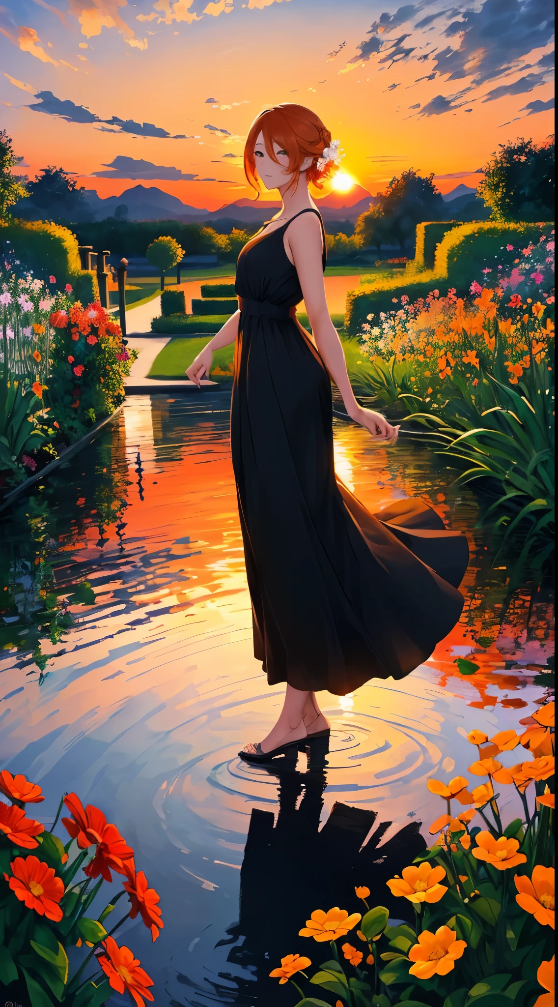 masterpiece,gorgeous, the gorgeous sunset in a garden, flowres, water, landscape, beautiful clouds, orange, orange atmosphere, amazing sky, stunning view, an artistic painting,