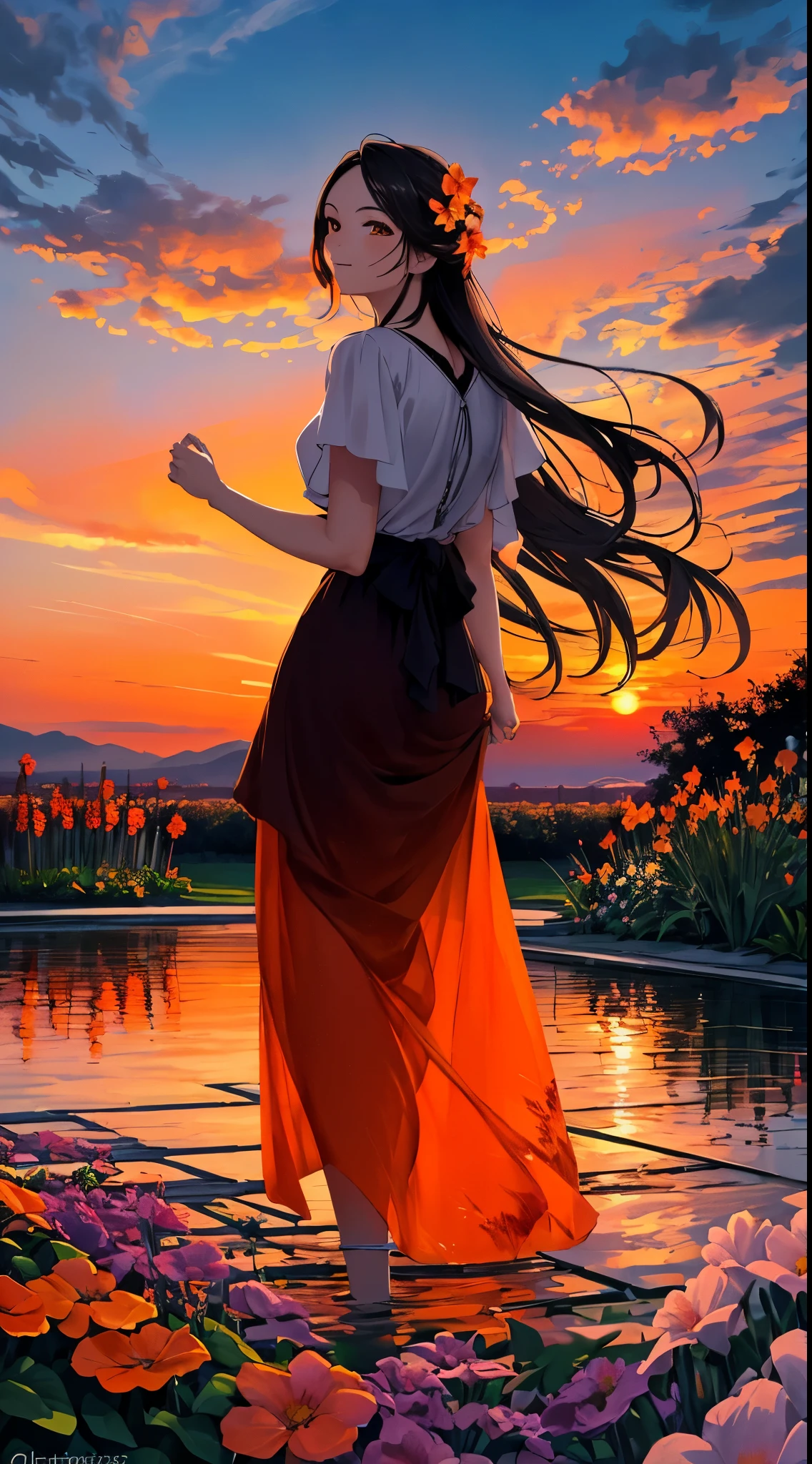 masterpiece,gorgeous, the gorgeous sunset in a garden, flowres, water, landscape, beautiful clouds, orange, orange atmosphere, amazing sky, stunning view, an artistic painting,