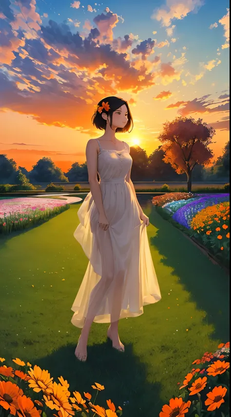 masterpiece,gorgeous, the gorgeous sunset in a garden, filled with flowers, meadows, flowres, water, landscape, beautiful clouds...