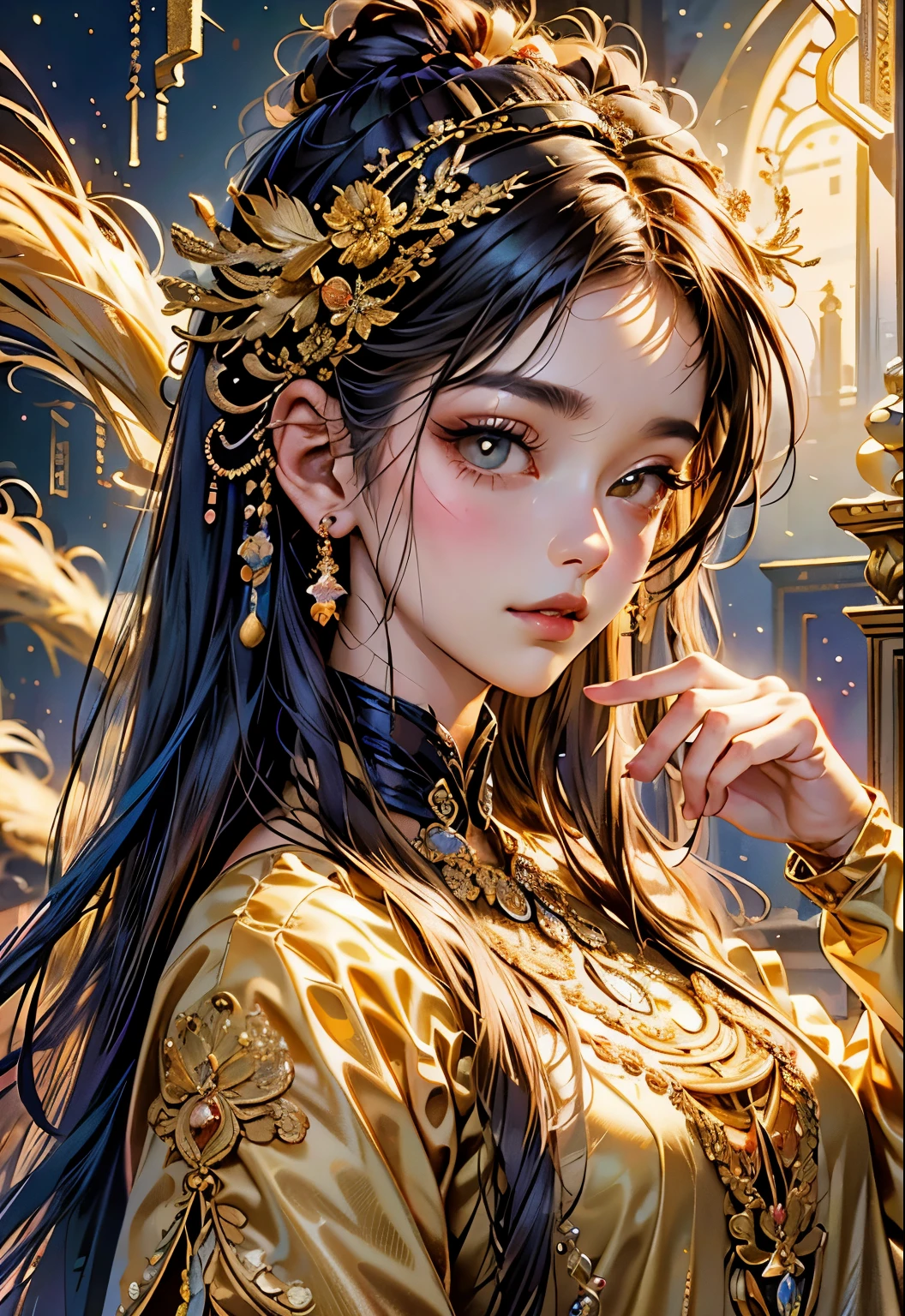 (the masterpiece、top quality、top quality、Official art、Beautiful Aesthetic:1.2)、(1 girl in)、Very detailed、(fractal art:1.3)、colorful、extreme detail　Golden nine-tailed fox　Unusual gold background　facing forward　soft smile