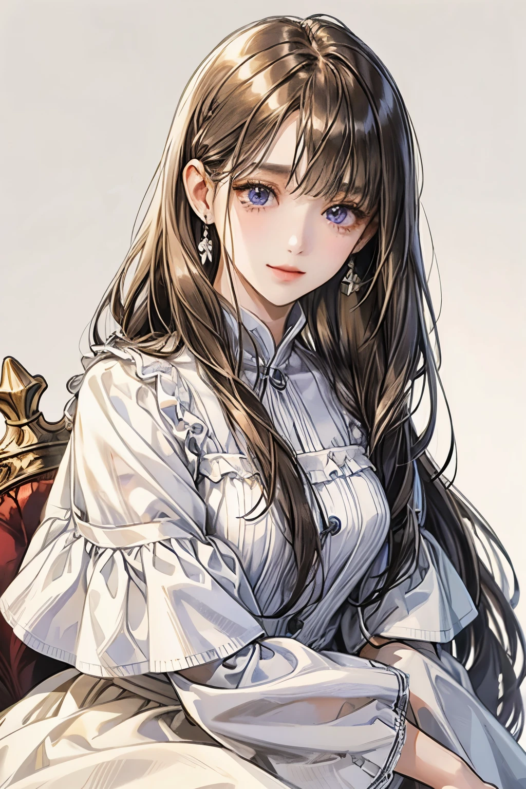 droopy eyes、smile、1 female、straight hair、((long hair girl))、Girl with bangs、detailed face、pretty face、((best image quality))、mole、white dress、hair arrangement、half up、simple background、stand、stand女の子、まっすぐstand、1 girl、purple eyes、kind face、Gentle colors、brown hair、cat mouth、white background、put hair in ears、Patsun bangs