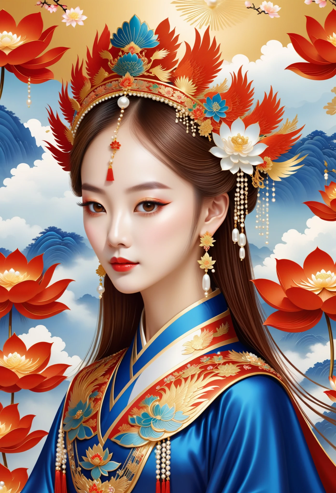 flat，Vector，meticulous painting，simple lines，beautiful girl，portrait，phoenix crown，fringed tiara，黄金phoenix crown，pearl头冠，Hanfu，cloud shoulder，pearl， Lotus leaf background
