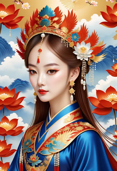 flat，Vector，meticulous painting，simple lines，beautiful girl，portrait，phoenix crown，fringed tiara，黄金phoenix crown，pearl头冠，Hanfu，c...