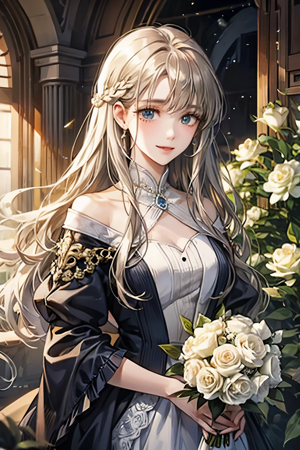 white、Ocean、droopy eyes、brown eyelids on face、smile、1 female、Woman wearing dress、long hair girl、((long hair girl))、Girl with bangs、detailed face、clean face、((best image quality))、mole、bouquet、bride