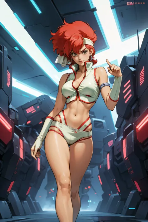 Kei from The Dirty Pair, , wearing a tight outfit, skimpy, legs, medium breast, red hair beauty, cyberpunk city background, hold...