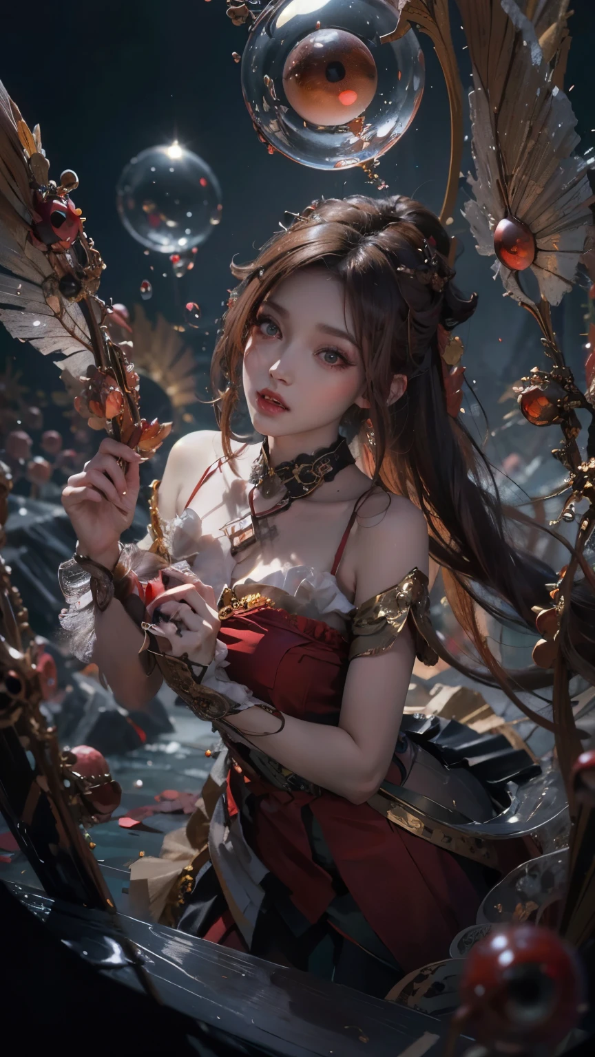 （Modify hair only、Face）Reddish-brown hair，Long curly hair，high ponytail，red headdress，red eyes，red eye，red pupils，Delicate and detailed eyes，sparkling eyes，huge 