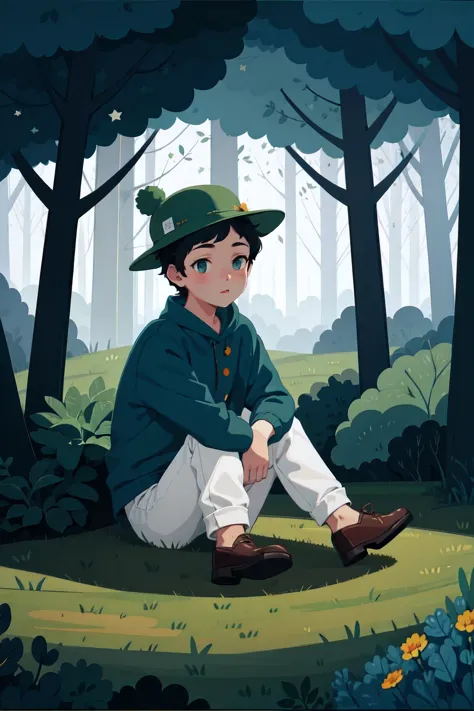 boy wearing a green hat ,forest