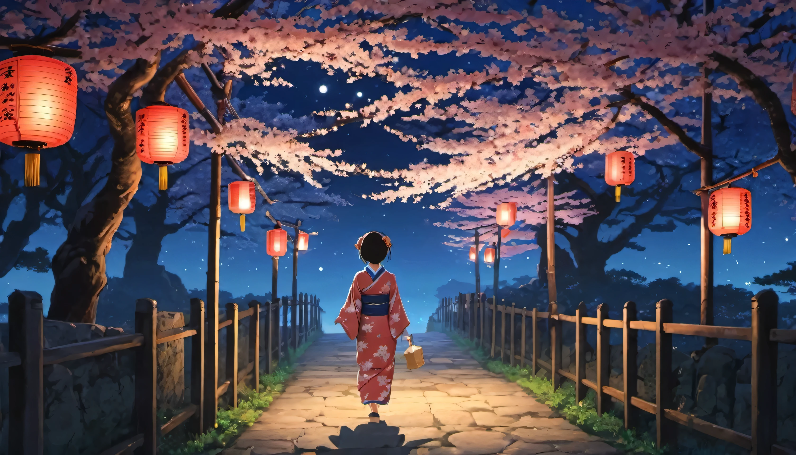 벚꽃나무가 늘어선 길、일본 등불、일본의 전형적인 기모노를 입은 여성이 밤하늘을 올려다본다、월광、스튜디오 지브리 애니메이션의 세계관을 느낄 수 있는 일러스트