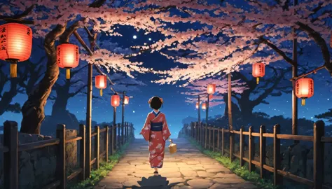 Cherry blossom tree-lined path、Japanese lantern、A woman wearing a typical Japanese kimono looks up at the night sky、moonlight、Il...